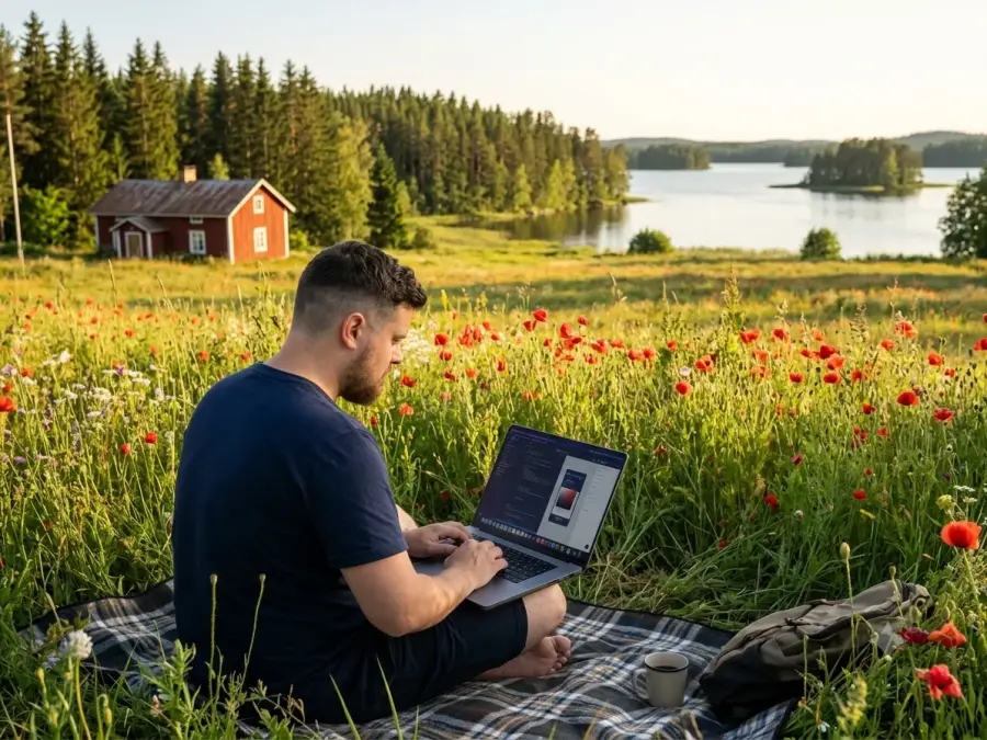 Andrei Zamiralov arbeitet am Laptop auf einer Sommerwiese in Finnland