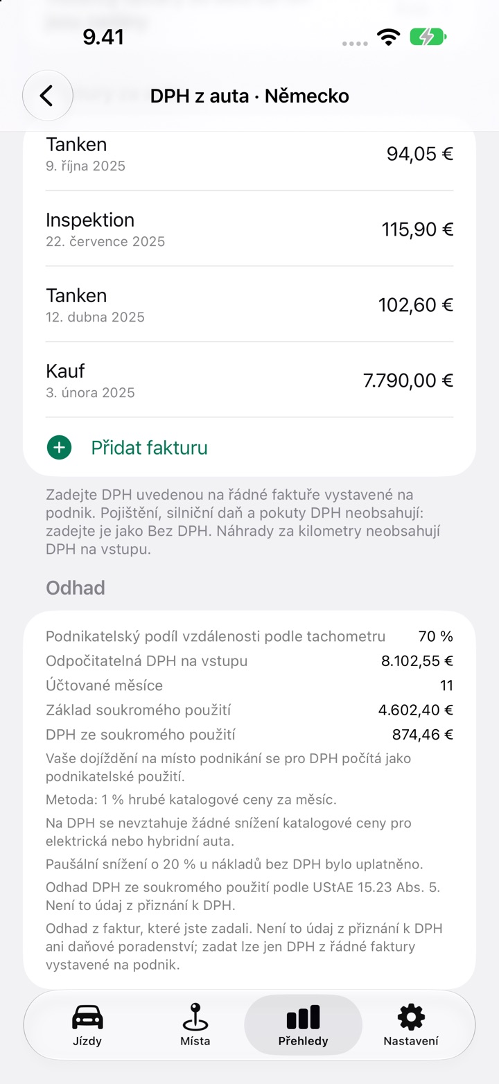 Část Odhad na obrazovce DPH z auta s odpočitatelnou DPH na vstupu, DPH ze soukromého použití a poznámkami k pravidlům