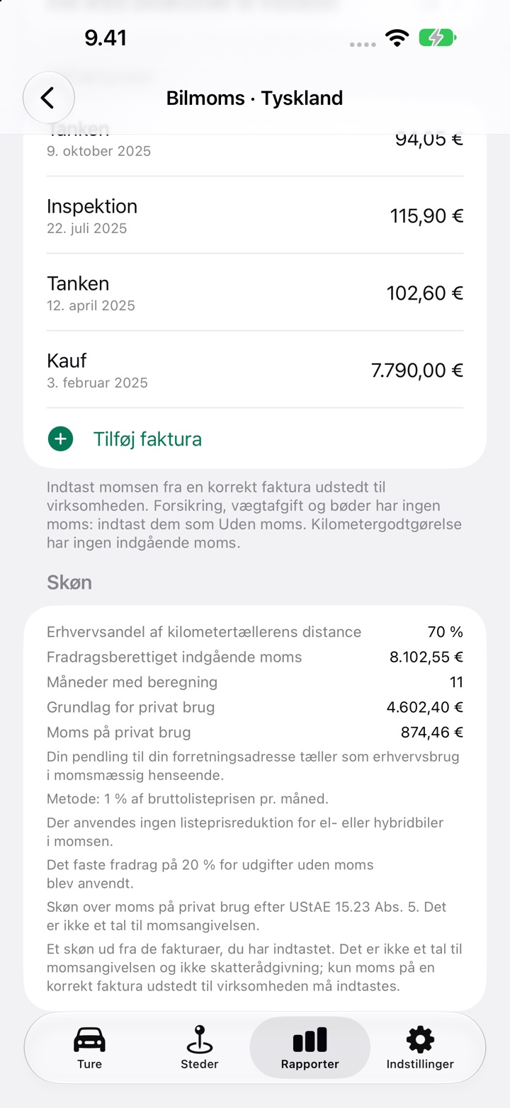Afsnittet Skøn på skærmen Bilmoms, der viser fradragsberettiget indgående moms, moms på privat brug og reglernes noter
