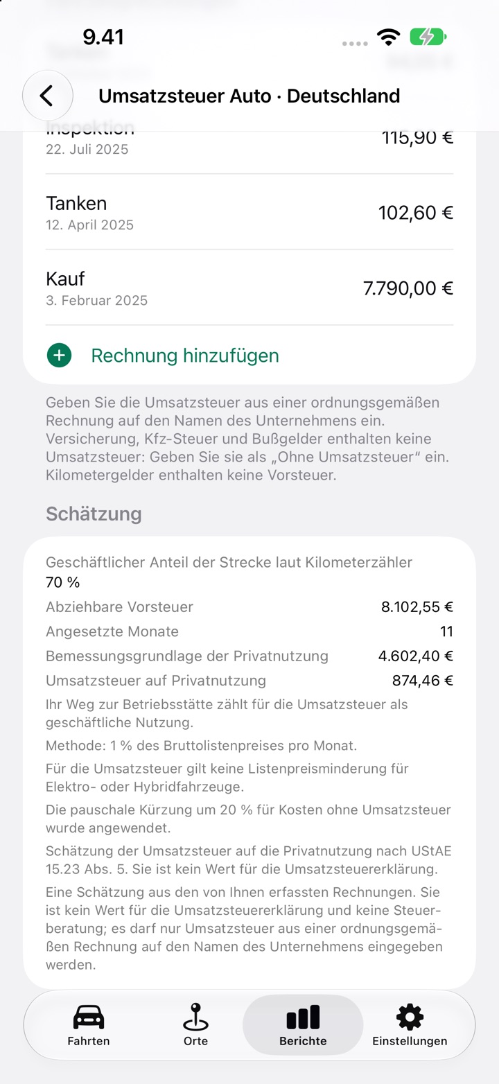 Abschnitt Schätzung des Bildschirms Umsatzsteuer Auto mit abziehbarer Vorsteuer, Umsatzsteuer auf Privatnutzung und den Regelhinweisen