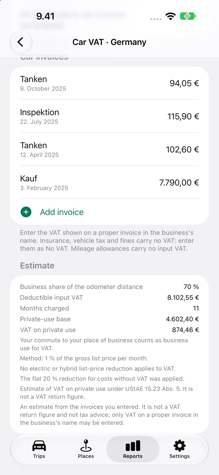 Estimate section of the Car VAT screen showing deductible input VAT, VAT on private use and the rule notes