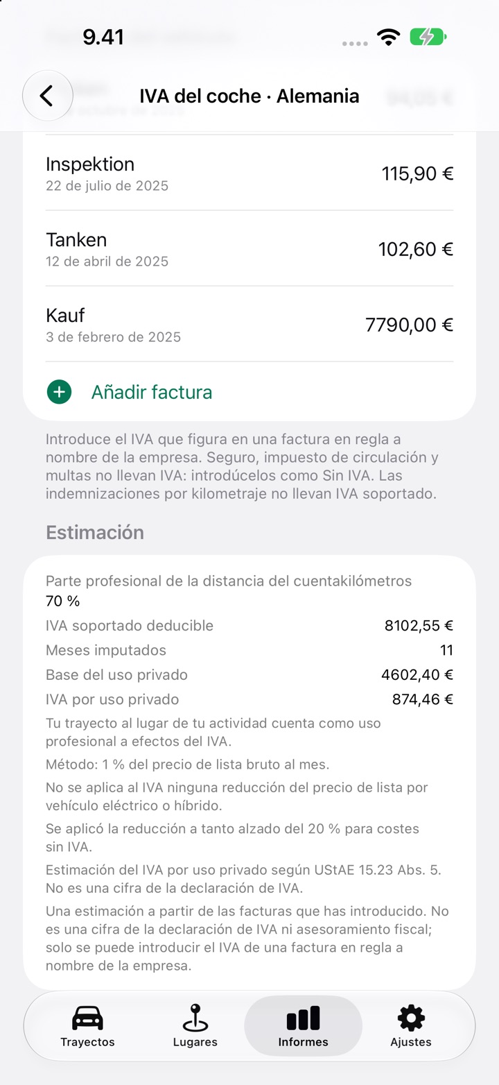 Sección Estimación de la pantalla de IVA del coche con el IVA soportado deducible, el IVA por uso privado y las notas de las reglas