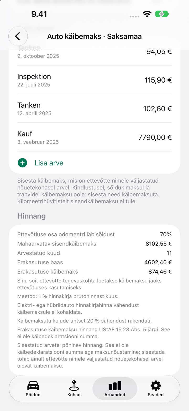 Auto käibemaksu ekraani jaotis Hinnang, kus on näha mahaarvatav sisendkäibemaks, erakasutuse käibemaks ja reeglimärkused