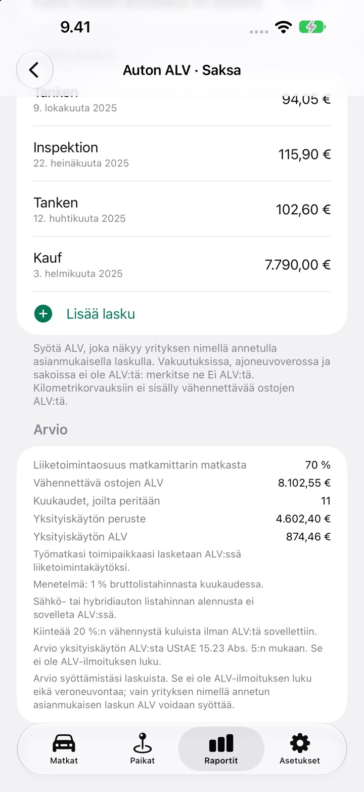 Auton ALV -näytön Arvio-osio, jossa näkyvät Vähennettävä ostojen ALV, Yksityiskäytön ALV ja sääntöhuomautukset