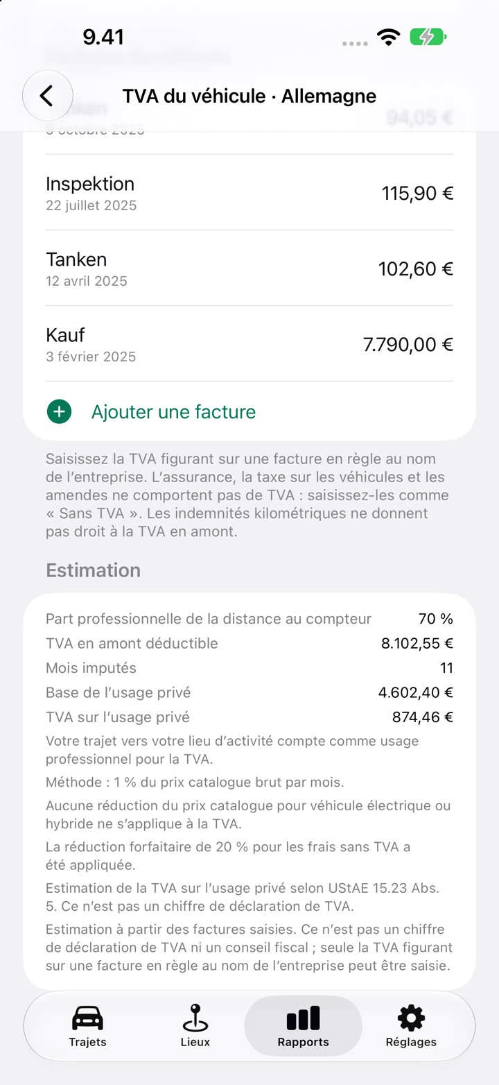 Section Estimation de l'écran de TVA du véhicule montrant la TVA en amont déductible, la TVA sur l'usage privé et les notes de règle
