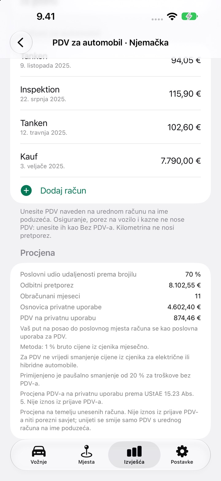 Odjeljak Procjena na zaslonu PDV-a za automobil s odbitnim pretporezom, PDV-om na privatnu uporabu i napomenama o pravilima