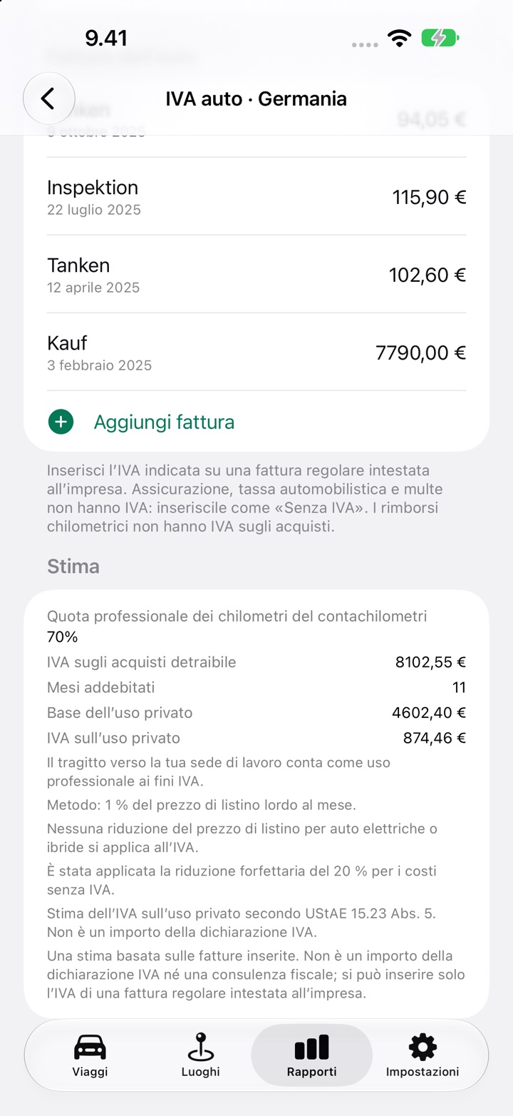 La sezione Stima della schermata IVA auto con IVA sugli acquisti detraibile, IVA sull’uso privato e le note sulle regole