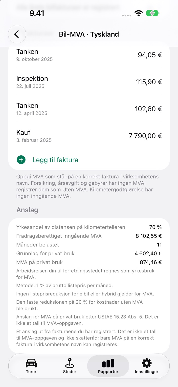 Delen Anslag på skjermen Bil-MVA som viser fradragsberettiget inngående MVA, MVA på privat bruk og regelnotatene