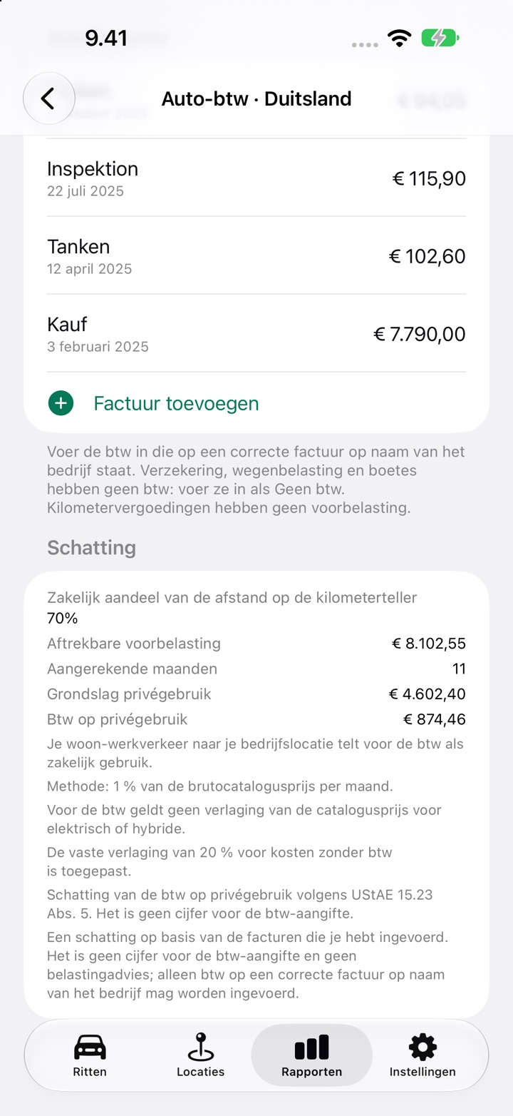 Het onderdeel Schatting van het scherm Auto-btw met aftrekbare voorbelasting, btw op privégebruik en de toelichting bij de regels