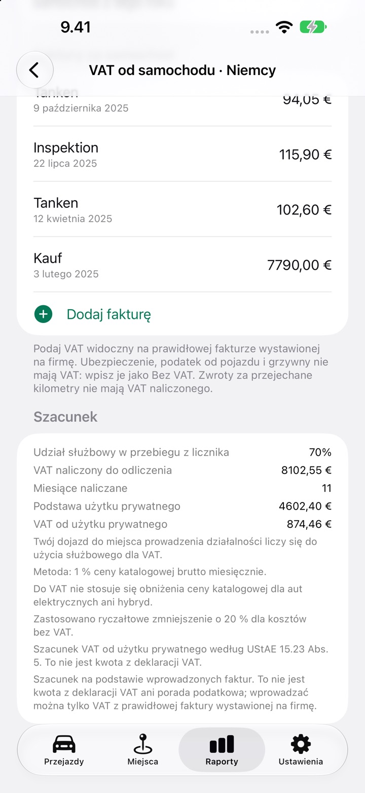 Sekcja Szacunek na ekranie VAT od samochodu z VAT naliczonym do odliczenia, VAT od użytku prywatnego i uwagami o regułach