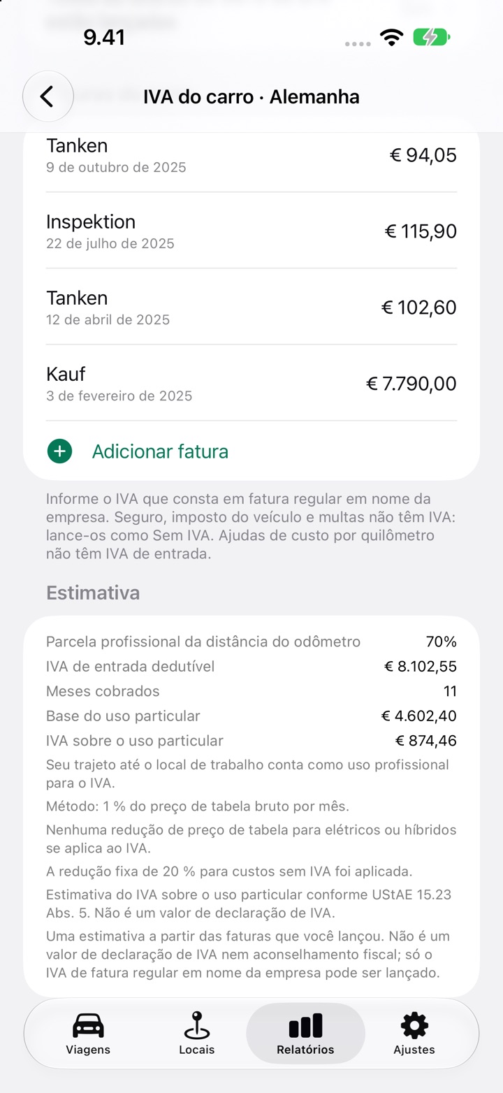 Seção Estimativa da tela de IVA do carro mostrando o IVA de entrada dedutível, o IVA sobre o uso particular e as notas das regras