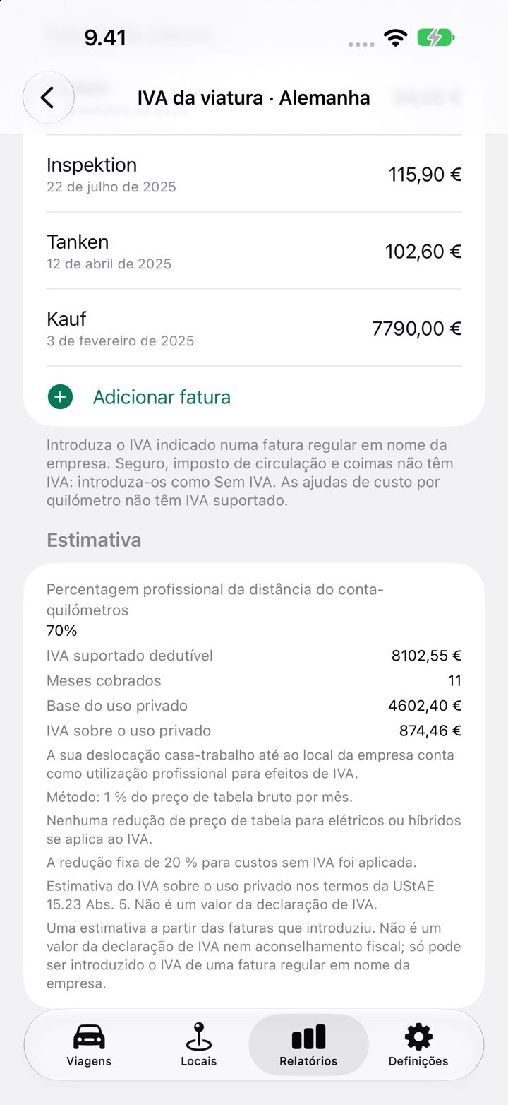 A secção Estimativa do ecrã de IVA da viatura com o IVA suportado dedutível, o IVA sobre o uso privado e as notas sobre as regras