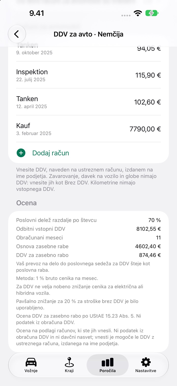 Razdelek Ocena na zaslonu DDV za avto z odbitnim vstopnim DDV, DDV za zasebno rabo in opombami o pravilih