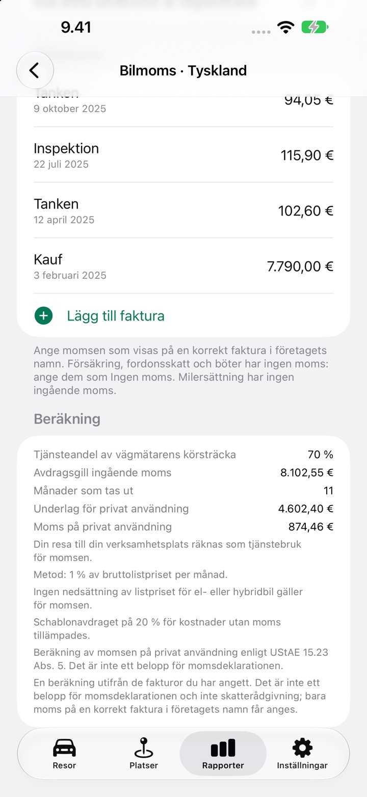 Avsnittet Beräkning på skärmen Bilmoms med avdragsgill ingående moms, moms på privat användning och regelanmärkningarna