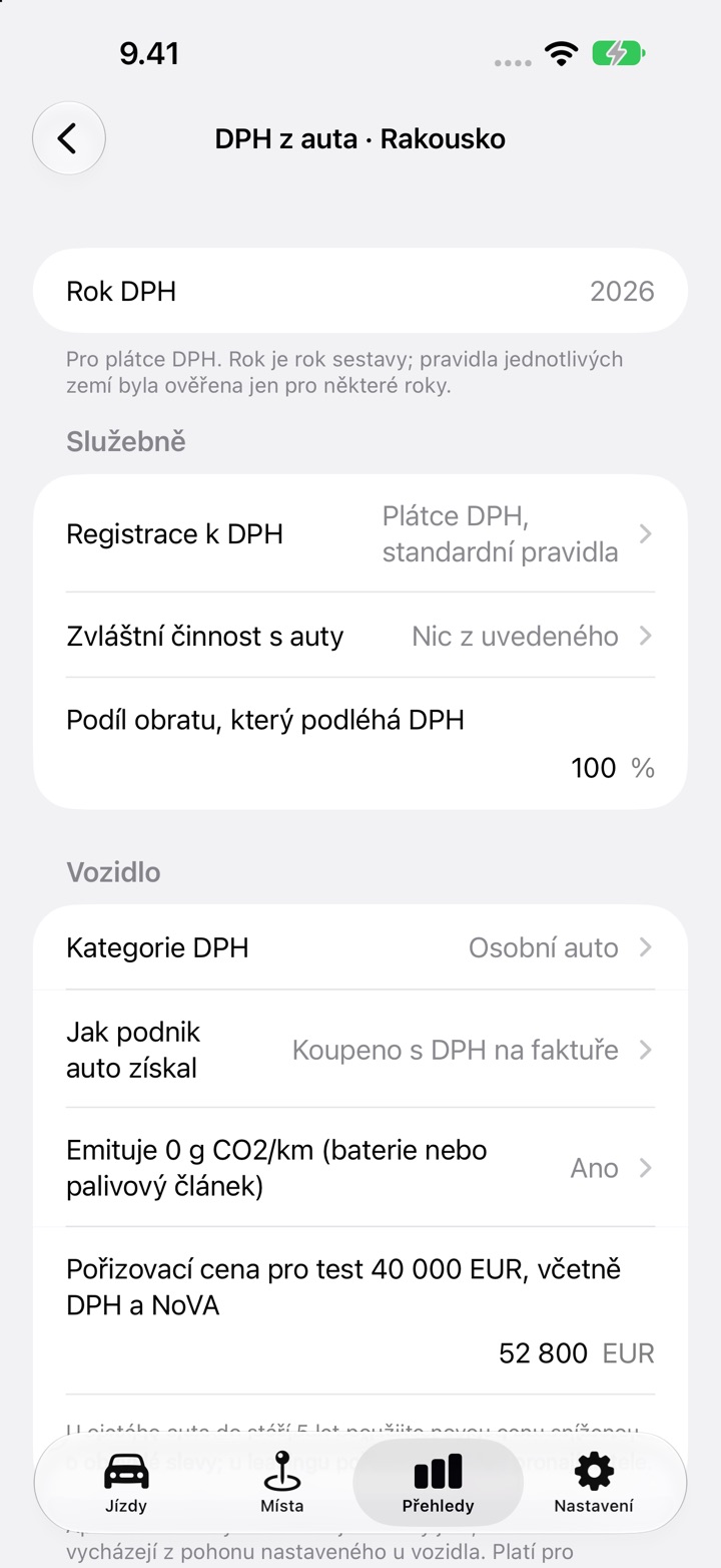 Obrazovka DPH z auta pro Rakousko: kategorie DPH, „Jak podnik auto získal“, otázka na nulové emise a pořizovací náklady pro test 40 000 EUR