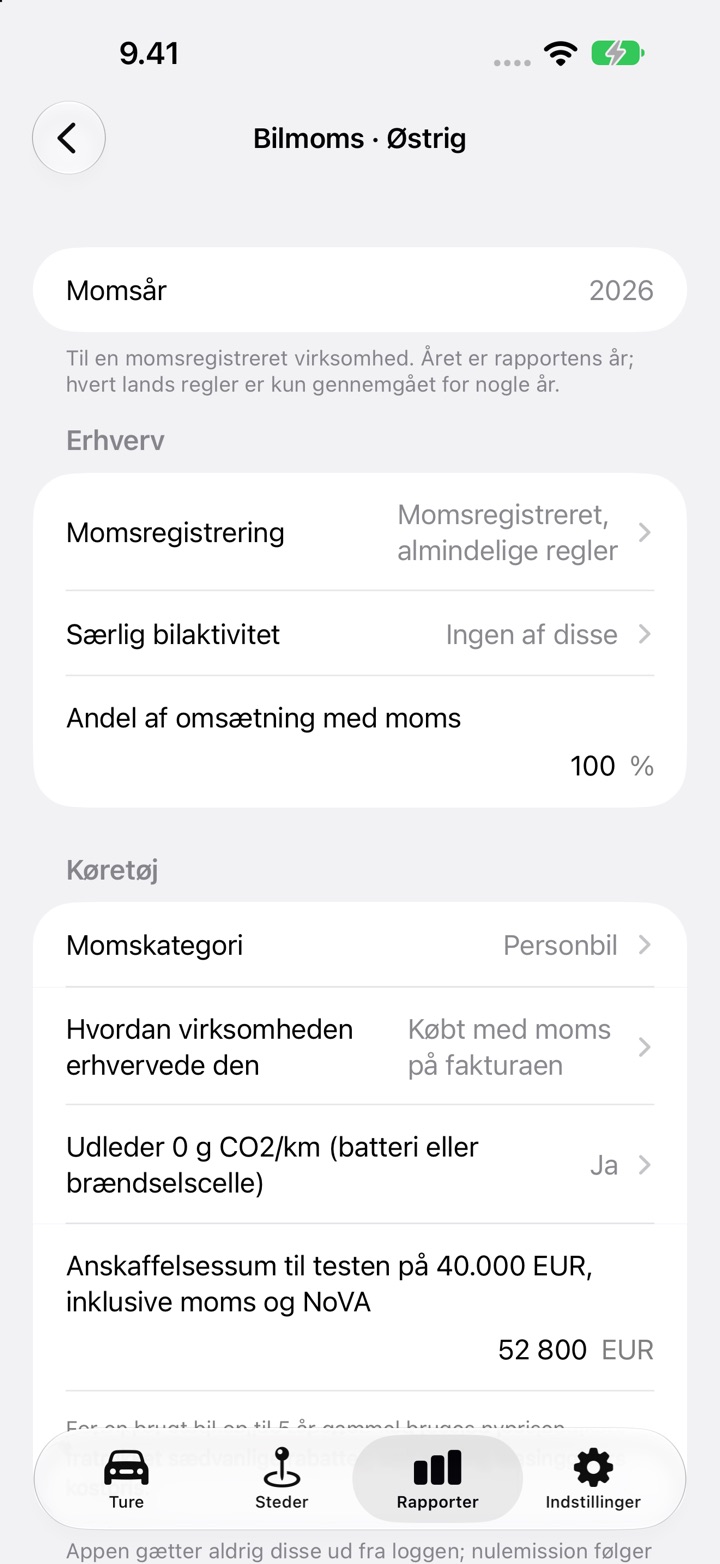 Skærmen Bilmoms for Østrig: momskategori, "Hvordan virksomheden erhvervede den", spørgsmålet om nulemission og anskaffelsesprisen til prøven på 40 000 EUR