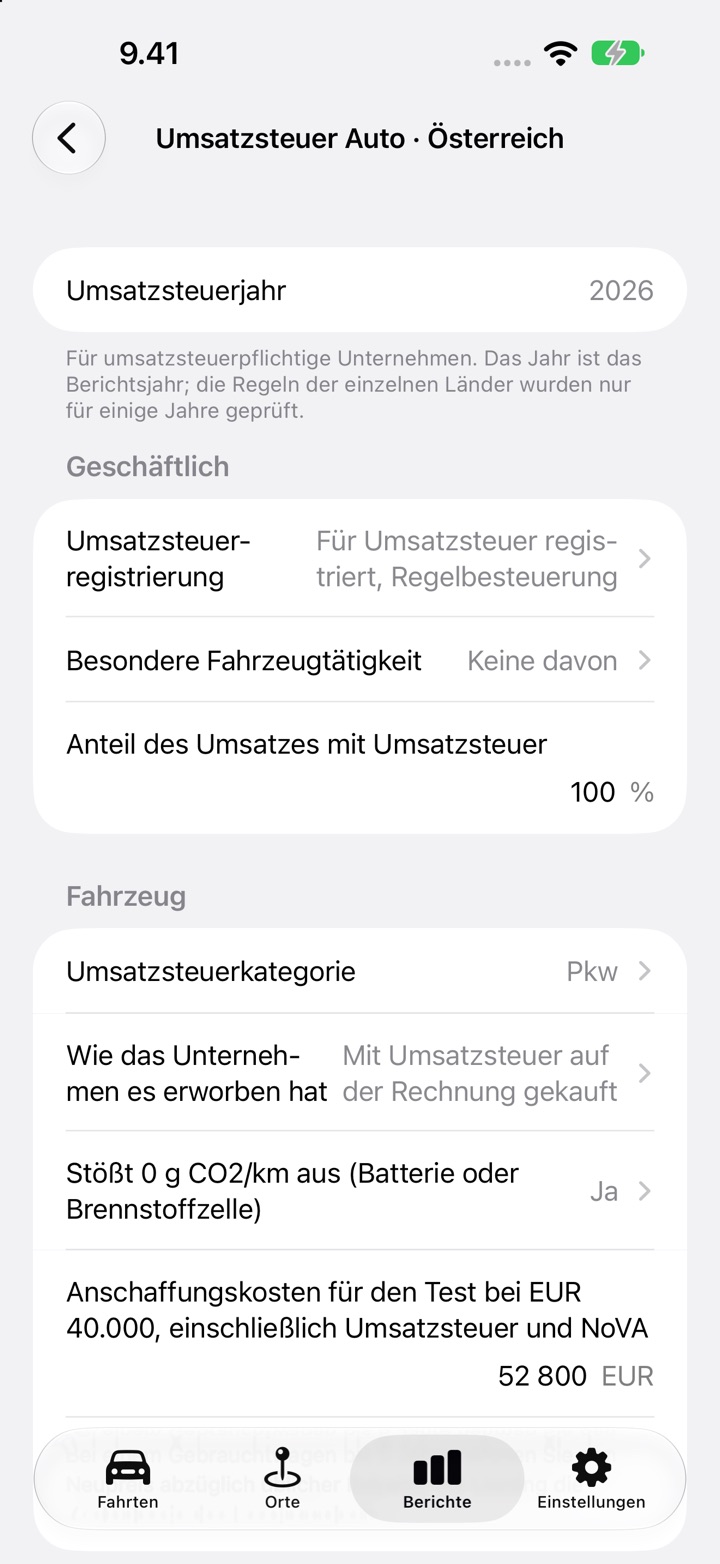 Der Bildschirm Umsatzsteuer Auto für Österreich: Umsatzsteuerkategorie, „Wie das Unternehmen es erworben hat“, die Frage zur Emissionsfreiheit und die Anschaffungskosten für den 40 000-€-Test