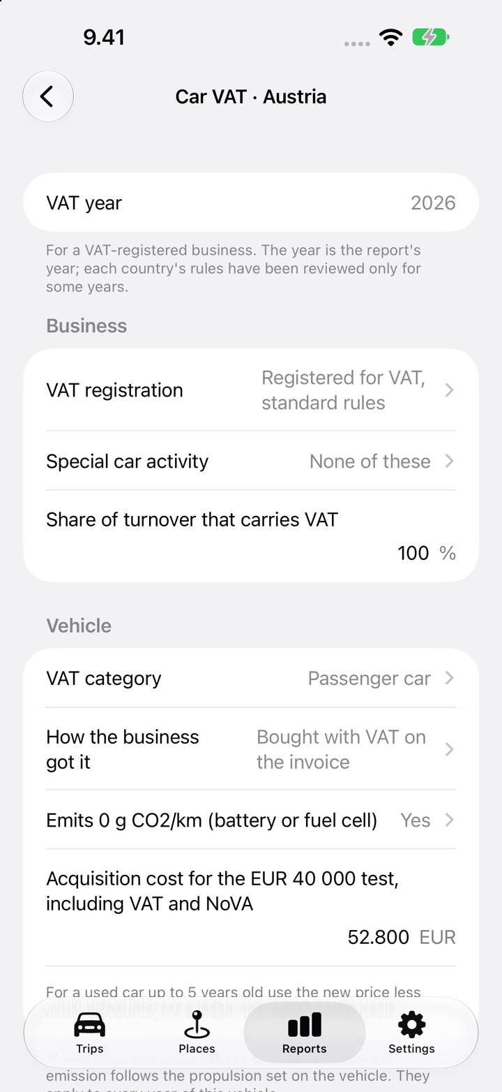The Car VAT screen for Austria: VAT category, "How the business got it", the zero-emission question and the acquisition cost for the EUR 40 000 test