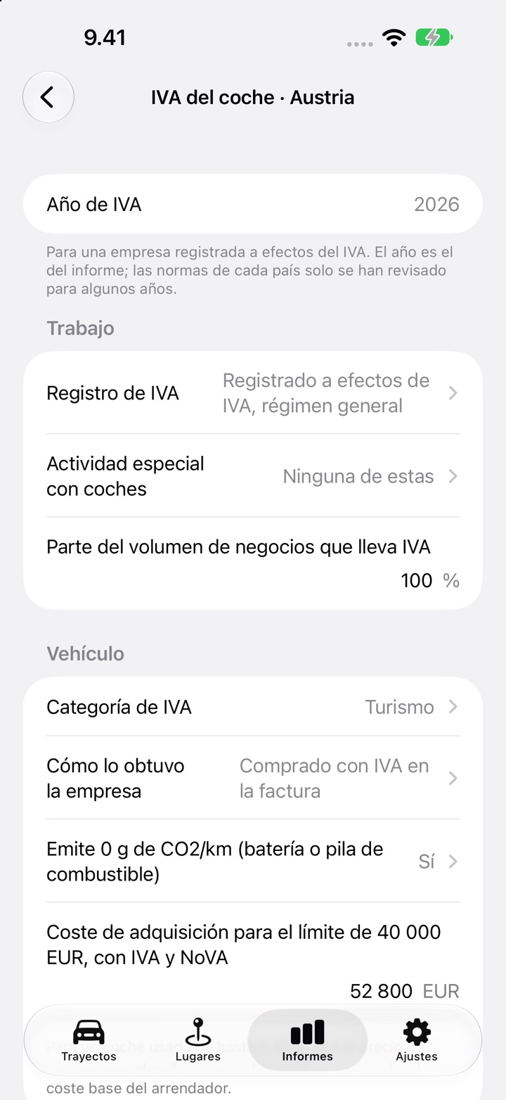 La pantalla de IVA del coche para Austria: categoría de IVA, «Cómo lo obtuvo la empresa», la pregunta de cero emisiones y el coste de adquisición para la prueba de 40 000 EUR