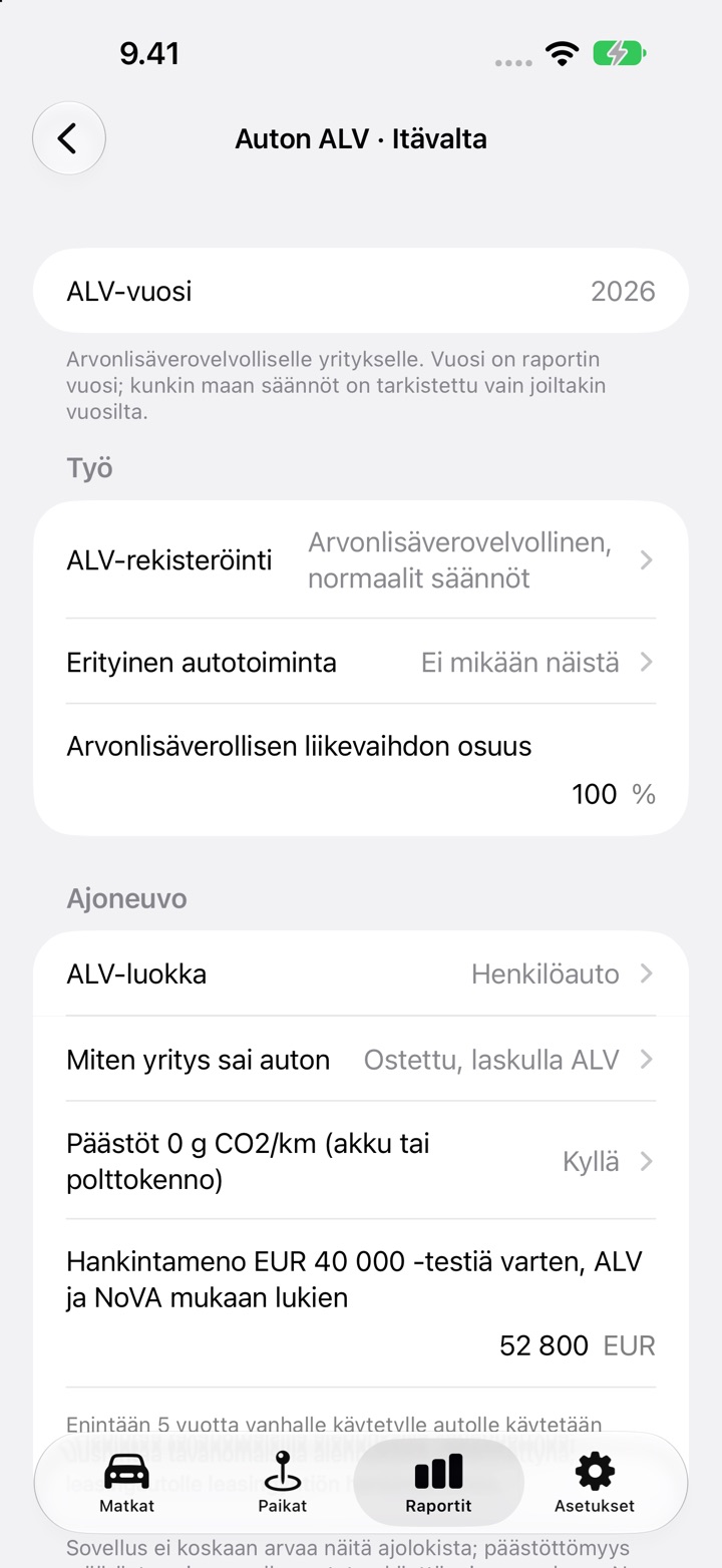 Itävallan Auton ALV -näyttö: ALV-luokka, "Miten yritys sai auton", päästöttömyyskysymys ja hankintameno EUR 40 000 -testiä varten