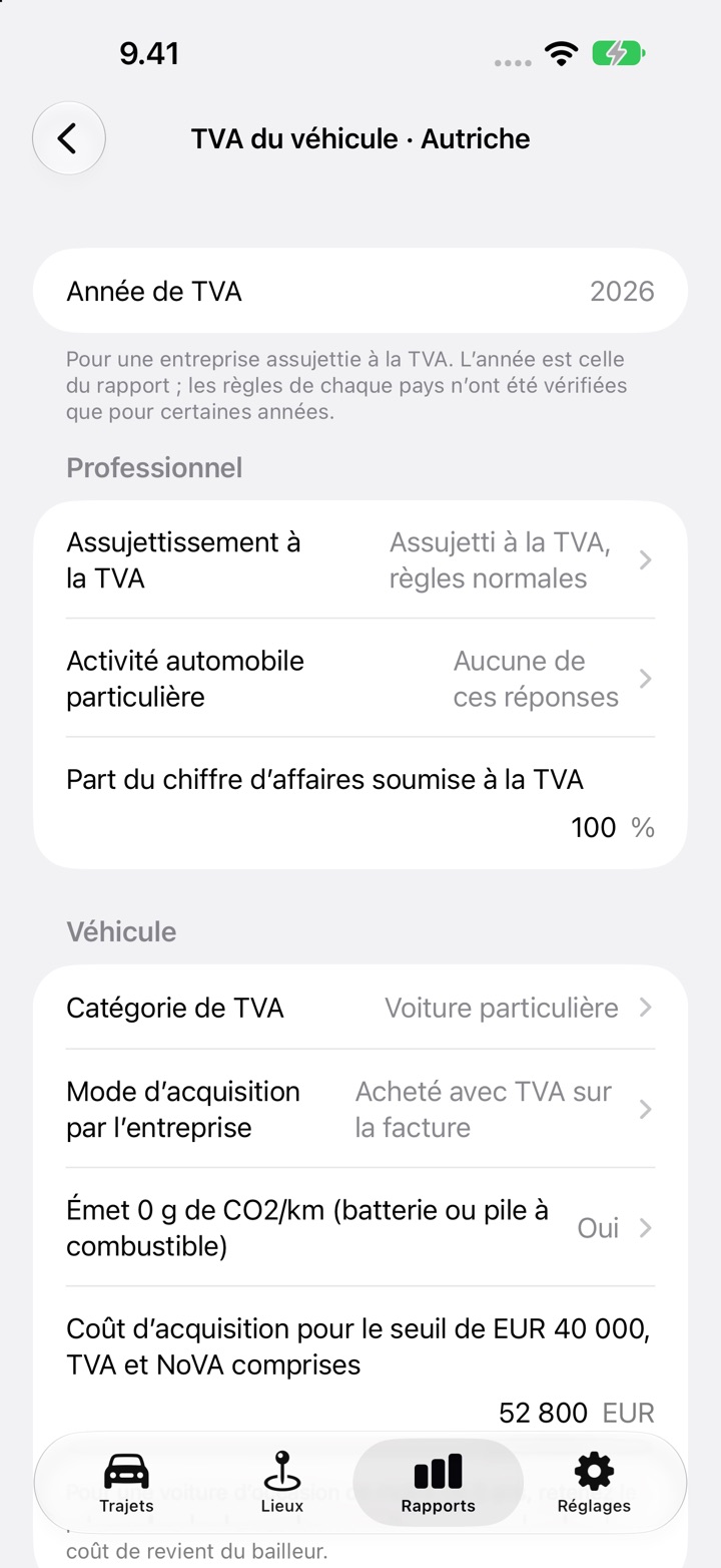 L'écran de TVA du véhicule pour l'Autriche : catégorie de TVA, « Mode d'acquisition par l'entreprise », la question zéro émission et le coût d'acquisition pour le test des 40 000 EUR