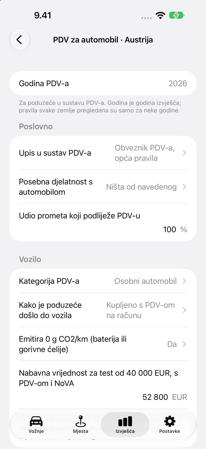 Zaslon PDV-a za automobil za Austriju: kategorija PDV-a, „Kako je poduzeće došlo do vozila“, pitanje o nultoj emisiji i nabavna vrijednost za test od 40 000 EUR