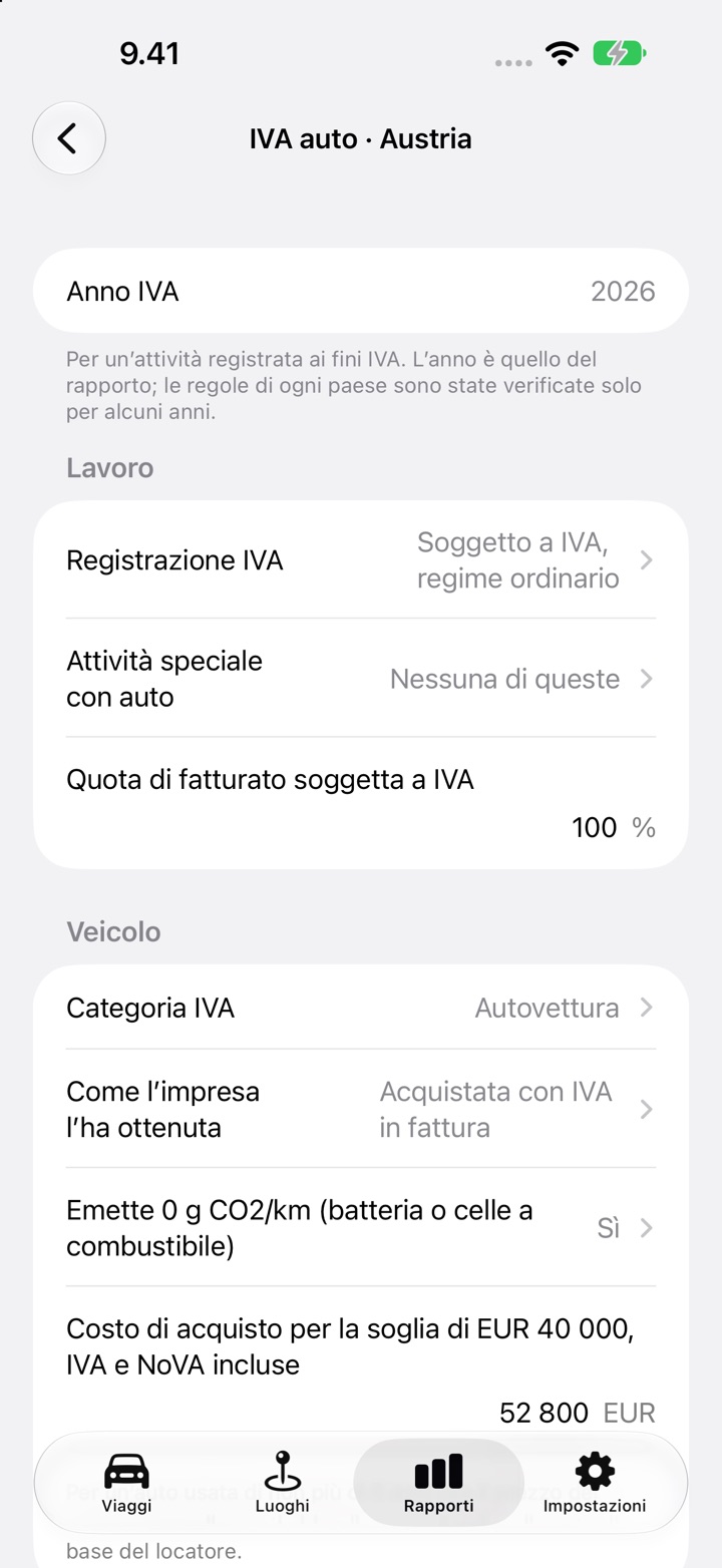 La schermata IVA auto per l’Austria: categoria IVA, «Come l’impresa l’ha ottenuta», la domanda sulle emissioni zero e il costo di acquisizione per il test dei 40 000 EUR