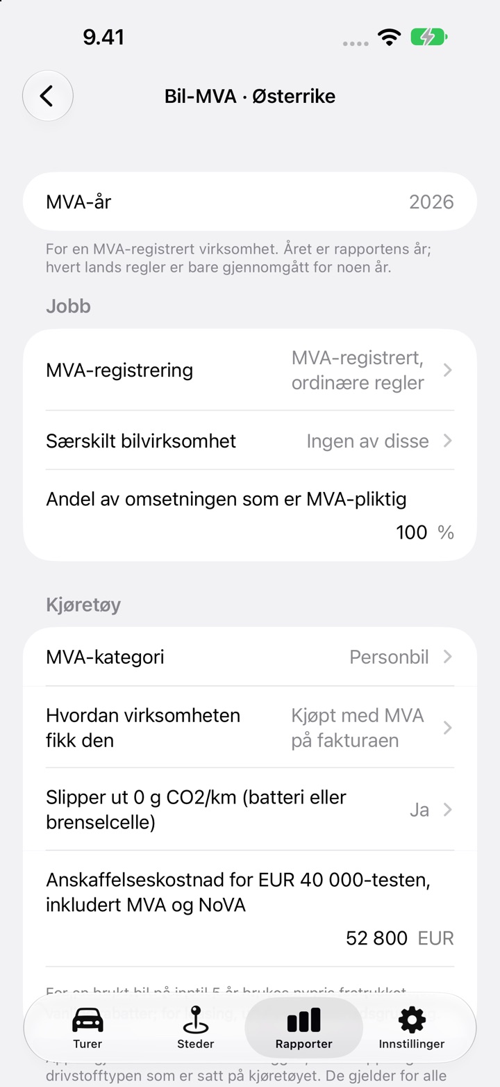 Skjermen Bil-MVA for Østerrike: MVA-kategori, «Hvordan virksomheten fikk den», nullutslippsspørsmålet og anskaffelseskostnaden for EUR 40 000-testen