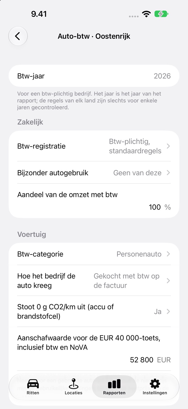 Het scherm Auto-btw voor Oostenrijk: btw-categorie, "Hoe het bedrijf de auto kreeg", de vraag over emissievrij en de aanschafwaarde voor de EUR 40 000-toets