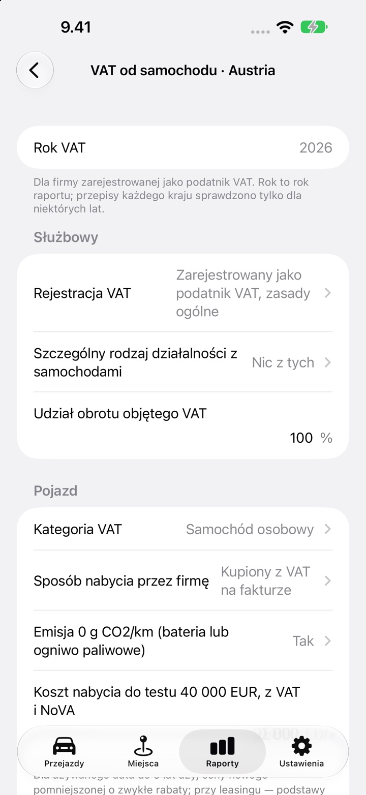 Ekran VAT od samochodu dla Austrii: kategoria VAT, „Sposób nabycia przez firmę”, pytanie o zerową emisję i koszt nabycia do testu 40 000 EUR