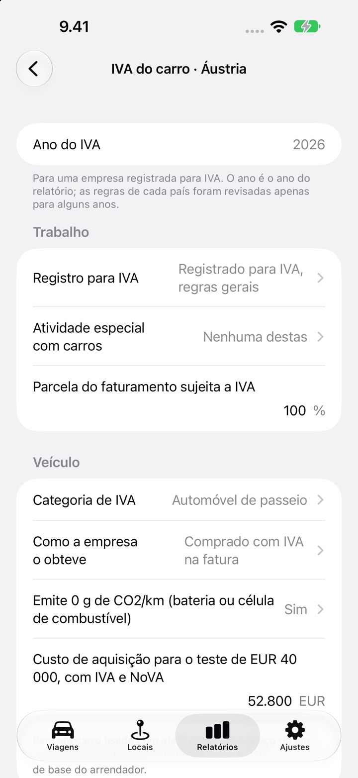 Tela de IVA do carro da Áustria: categoria de IVA, "Como a empresa o obteve", a pergunta de emissão zero e o custo de aquisição para o teste de EUR 40 000