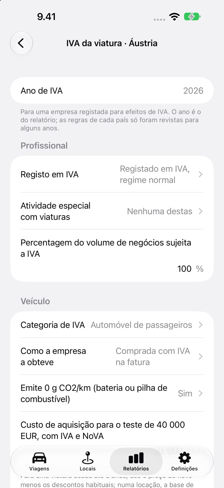 O ecrã de IVA da viatura para a Áustria: categoria de IVA, "Como a empresa a obteve", a pergunta das emissões zero e o custo de aquisição para o teste dos 40 000 EUR