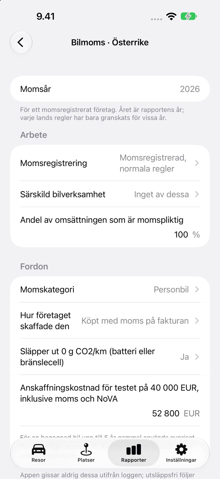 Skärmen Bilmoms för Österrike: momskategori, "Hur företaget skaffade den", frågan om nollutsläpp och anskaffningskostnaden för 40 000 EUR-testet