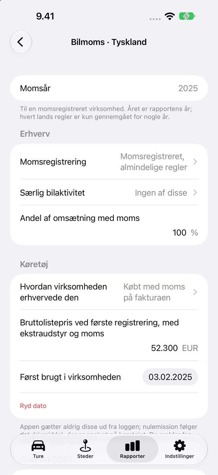 Skærmen Bilmoms for Tyskland, momsår 2025: svarene under Erhverv og derefter Køretøj med, hvordan virksomheden erhvervede bilen, en bruttolistepris på 52 300 EUR og datoen for første brug i virksomheden