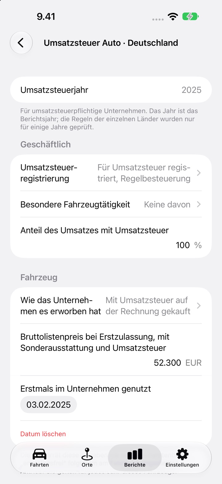Der Bildschirm Umsatzsteuer Auto für Deutschland, Jahr 2025: die Angaben unter Geschäftlich, dann Fahrzeug mit der Erwerbsart, einem Bruttolistenpreis von 52 300 EUR und dem Datum der ersten Nutzung im Unternehmen
