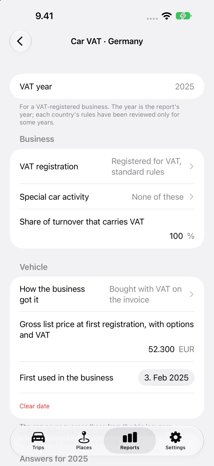 The Car VAT screen for Germany, VAT year 2025: the Business answers, then Vehicle with how the business got it, a gross list price of EUR 52 300 and the date first used in the business