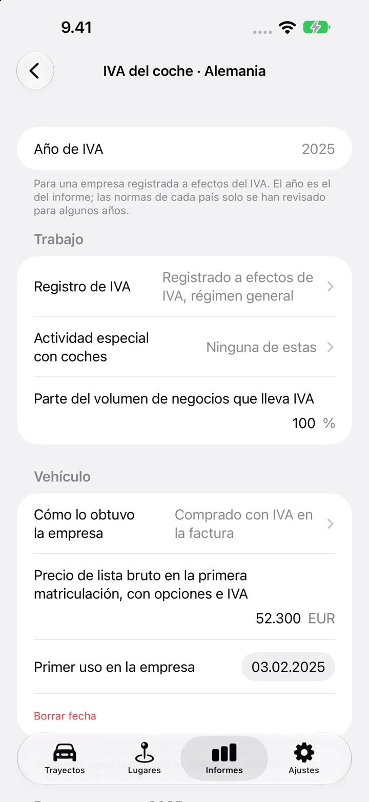 La pantalla IVA del coche para Alemania, año 2025: las respuestas de la empresa y luego Vehículo con cómo lo obtuvo la empresa, un precio de lista bruto de 52 300 EUR y la fecha del primer uso en la empresa