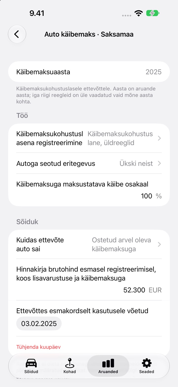 Saksamaa auto käibemaksu ekraan, aasta 2025: ettevõtte vastused, seejärel Sõiduk: kuidas ettevõte auto sai, hinnakirja brutohind 52 300 EUR ja esmase kasutuse kuupäev