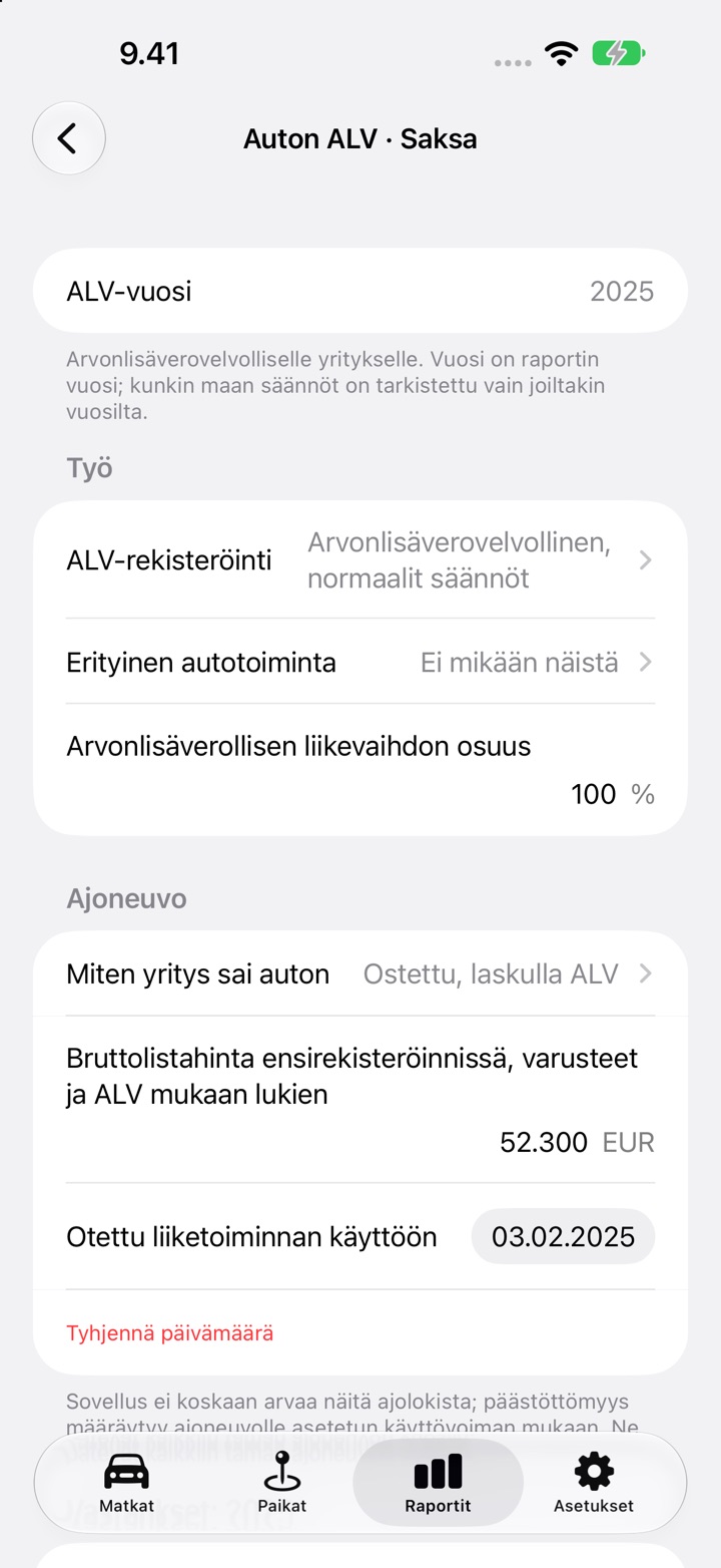 Saksan Auton ALV -näkymä, vuosi 2025: yrityksen vastaukset ja sitten Ajoneuvo: miten yritys sai auton, bruttolistahinta 52 300 EUR ja liiketoiminnan käyttöönoton päivä