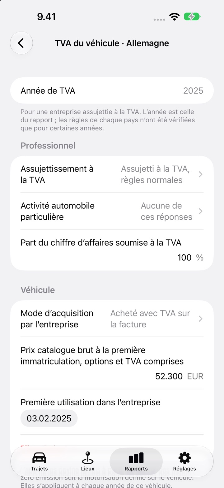 L’écran TVA du véhicule pour l’Allemagne, année 2025 : les réponses de l’entreprise, puis Véhicule avec le mode d’acquisition, un prix catalogue brut de 52 300 EUR et la date de première utilisation dans l’entreprise