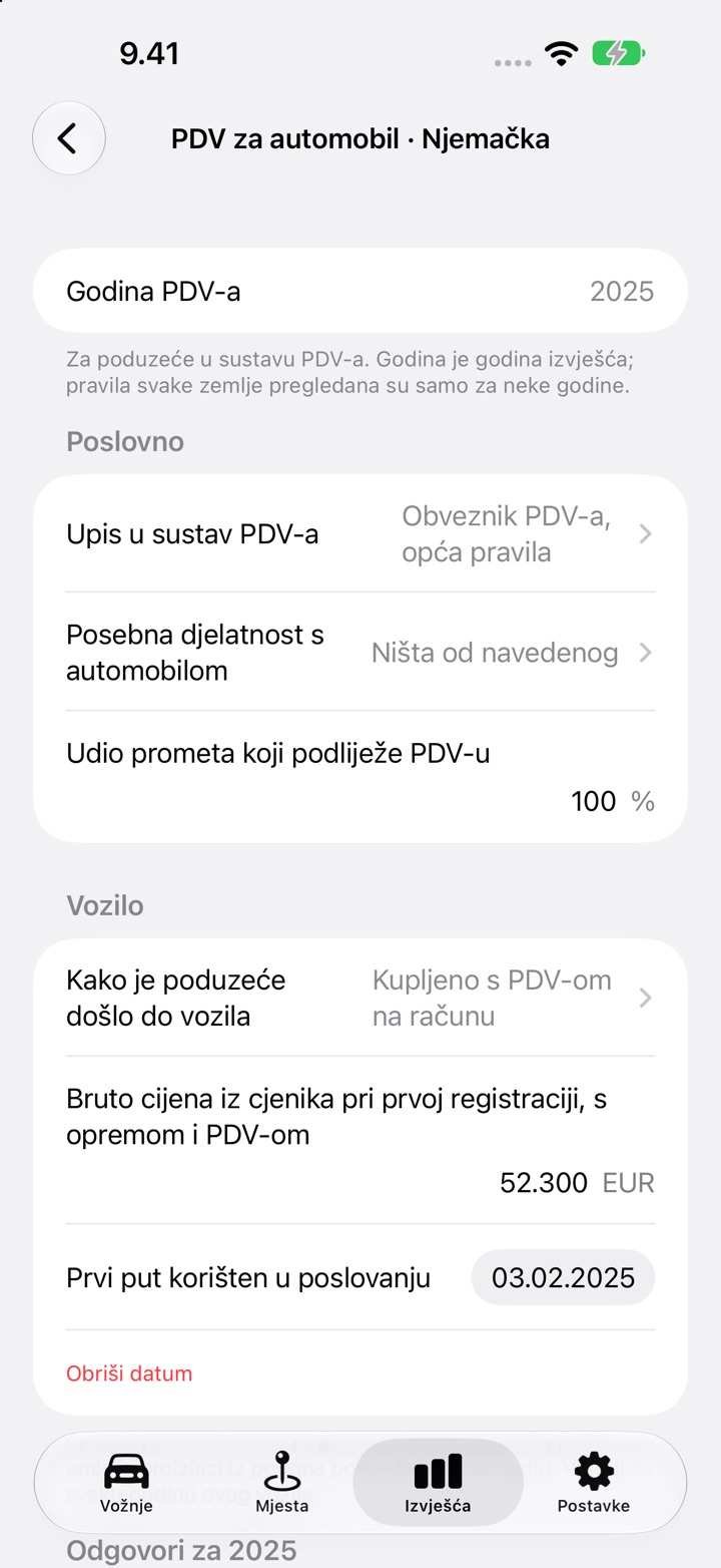 Zaslon PDV za automobil za Njemačku, godina 2025.: poslovni odgovori, zatim Vozilo s načinom stjecanja, bruto cijenom iz cjenika od 52 300 EUR i datumom prvog korištenja u poslovanju