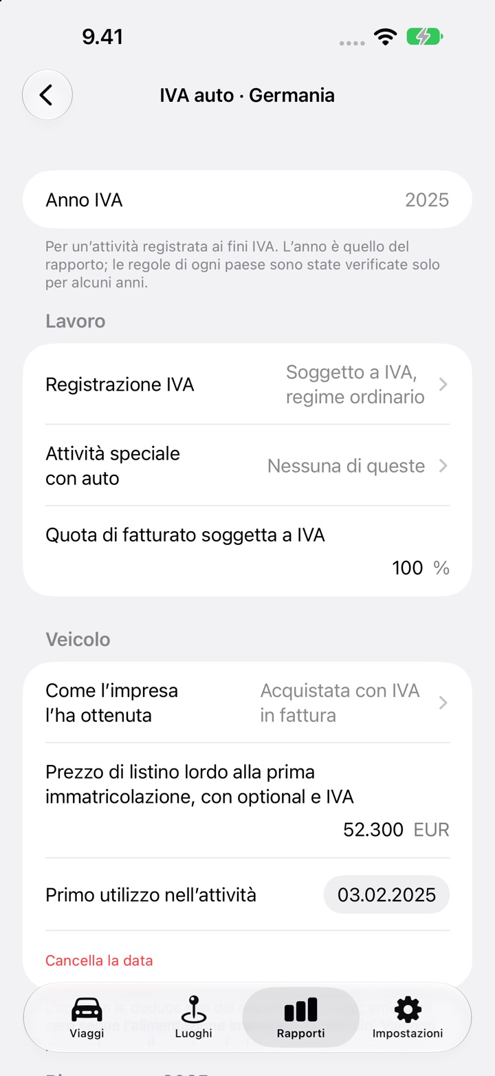 La schermata IVA auto per la Germania, anno 2025: le risposte sull’attività, poi Veicolo con il modo di acquisizione, un prezzo di listino lordo di 52 300 EUR e la data del primo utilizzo nell’attività