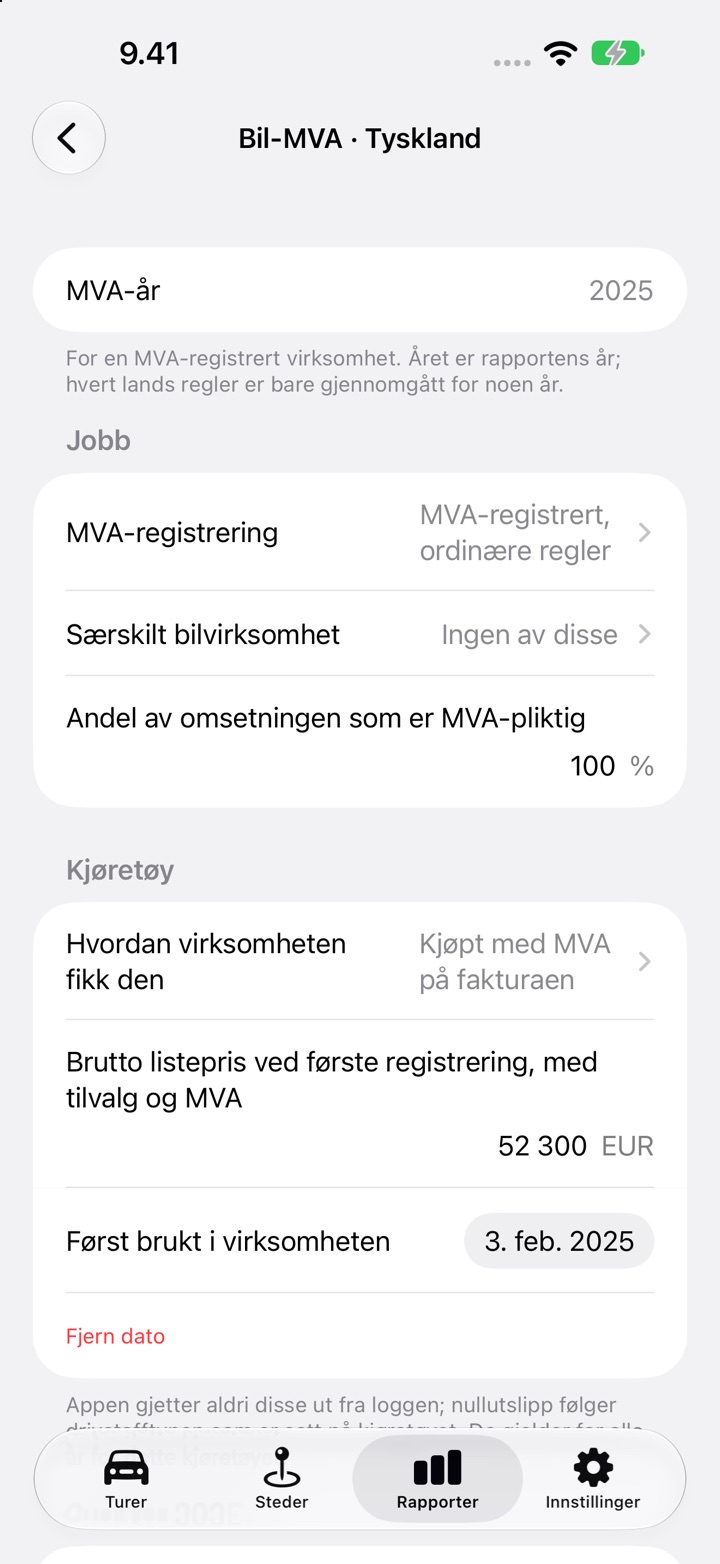 Skjermen Bil-MVA for Tyskland, år 2025: svarene om virksomheten, deretter Kjøretøy med hvordan virksomheten fikk bilen, en brutto listepris på 52 300 EUR og datoen for første bruk i virksomheten