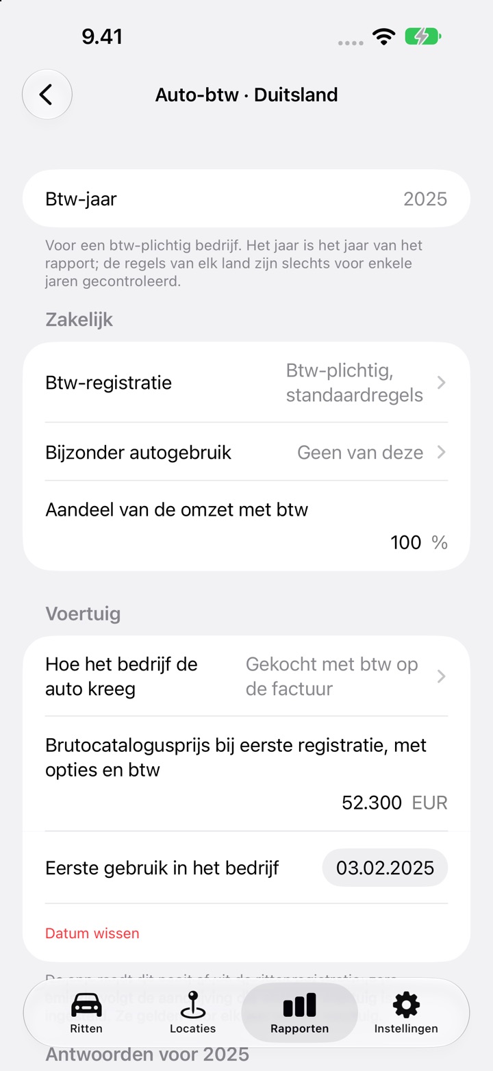Het scherm Auto-btw voor Duitsland, jaar 2025: de antwoorden onder Zakelijk, daarna Voertuig met hoe het bedrijf de auto kreeg, een brutocatalogusprijs van 52 300 EUR en de datum van eerste gebruik in het bedrijf