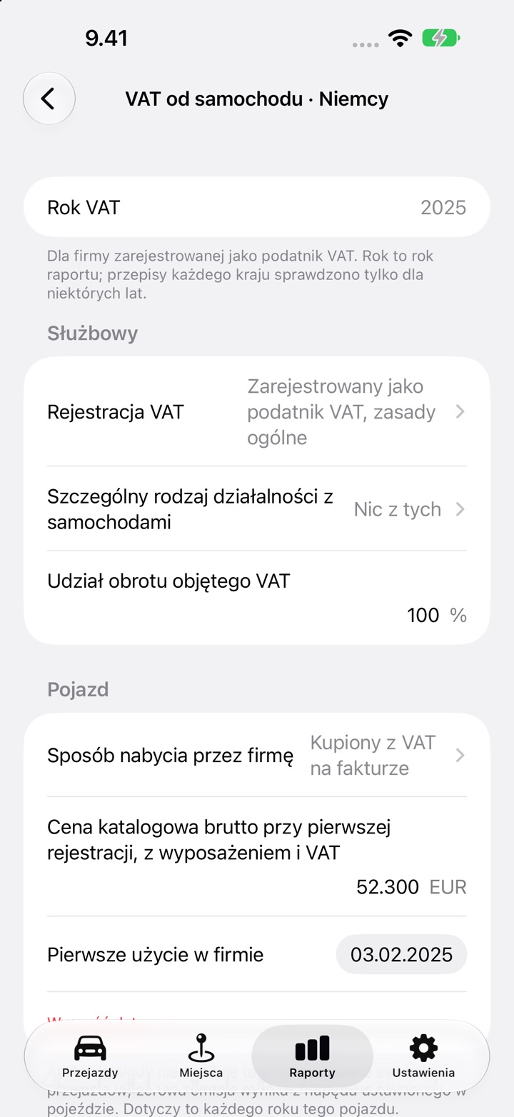 Ekran VAT od samochodu dla Niemiec, rok 2025: odpowiedzi dotyczące firmy, potem Pojazd ze sposobem nabycia, ceną katalogową brutto 52 300 EUR i datą pierwszego użycia w firmie