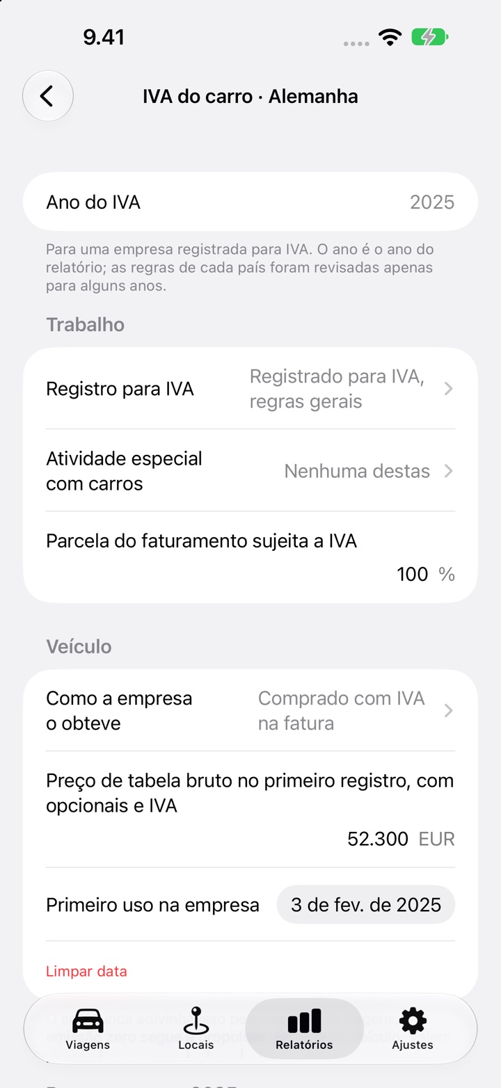A tela IVA do carro para a Alemanha, ano 2025: as respostas da empresa e depois Veículo com como a empresa o obteve, um preço de tabela bruto de 52 300 EUR e a data do primeiro uso na empresa
