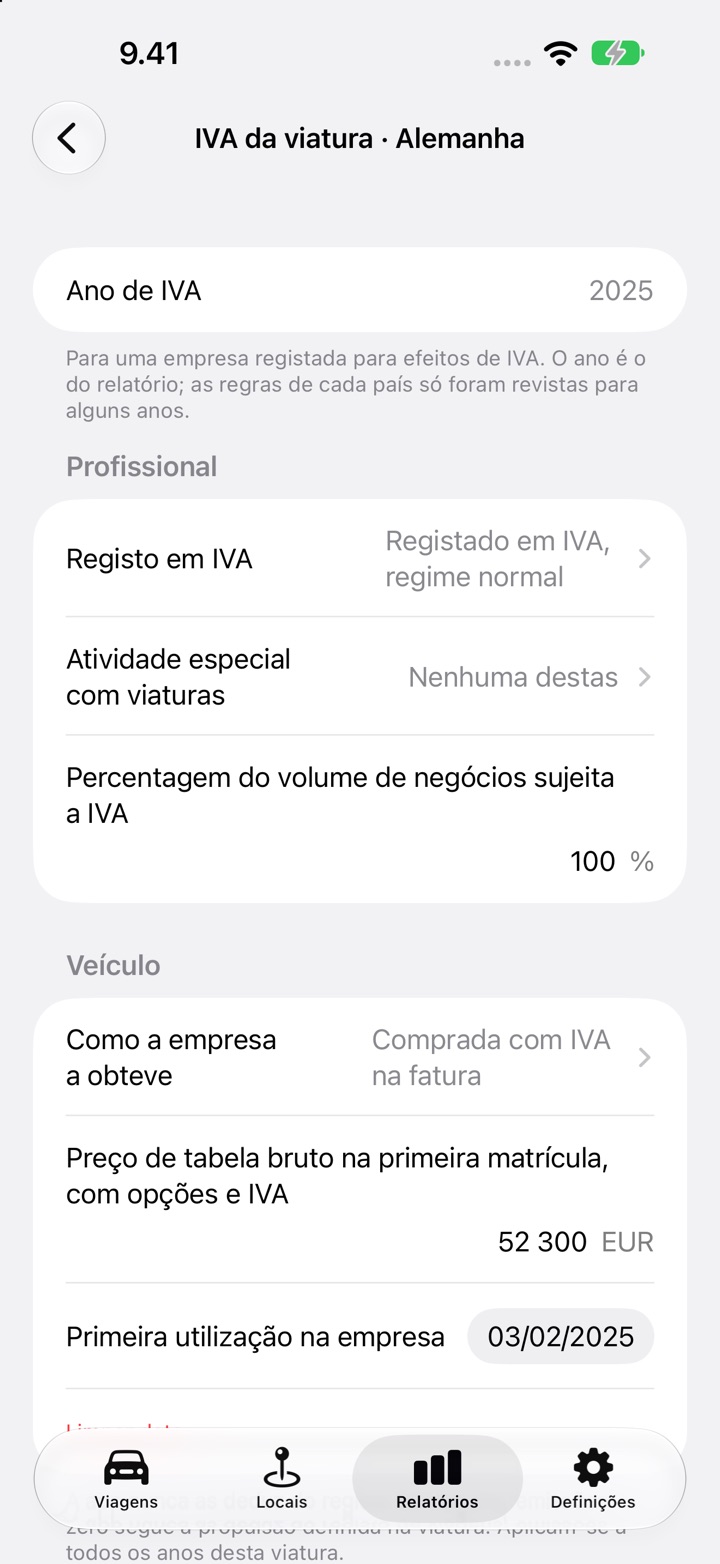 O ecrã IVA da viatura para a Alemanha, ano 2025: as respostas da empresa e depois Veículo com a forma de aquisição, um preço de tabela bruto de 52 300 EUR e a data da primeira utilização na empresa