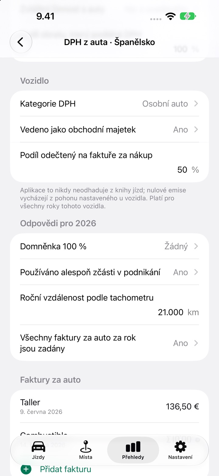 Obrazovka DPH z auta pro Španělsko: Vozidlo s kategorií DPH, vedením jako obchodní majetek a podílem 50 % odečteným na faktuře za nákup, pak odpovědi pro 2026 s domněnkou 100 %, podnikatelským použitím a roční vzdáleností podle tachometru