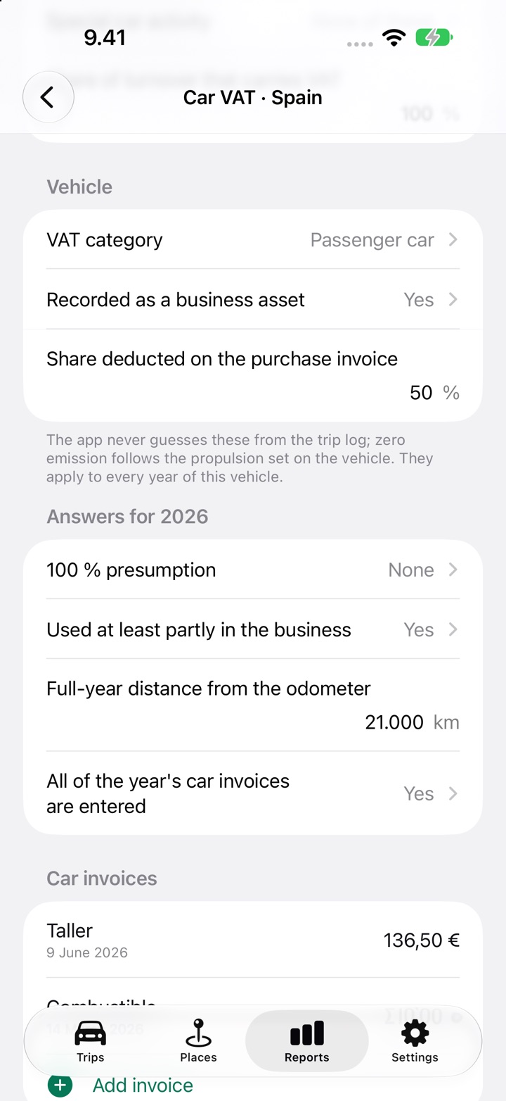 The Car VAT screen for Spain: Vehicle with VAT category, recorded as a business asset and a 50 % share deducted on the purchase invoice, then the 2026 answers with the 100 % presumption, business use and the full-year odometer distance
