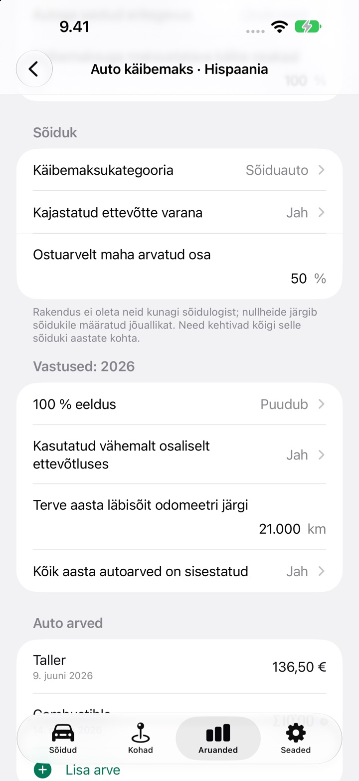 Hispaania auto käibemaksu ekraan: Sõiduk käibemaksukategooria, ettevõtte varana kajastamise ja ostuarvelt maha arvatud 50 % osaga, seejärel 2026. aasta vastused 100 % eelduse, ärikasutuse ja terve aasta odomeetri läbisõiduga